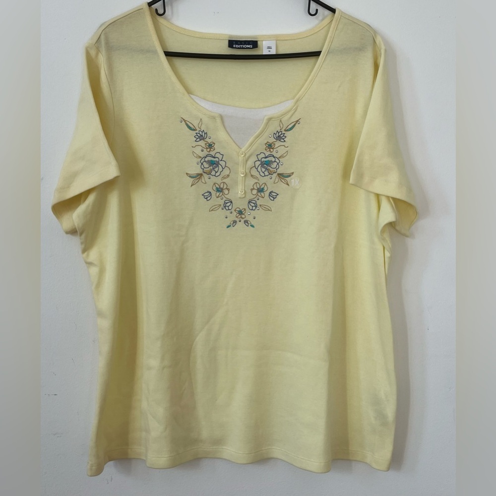 Basic Editions Yellow Floral Embroidered Top 1X Plus Size - Picture 2 of 9